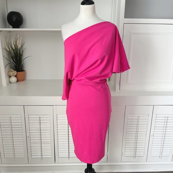 Alexia Admor Hot Pink Drape Shoulder Cocktail Sheath Dress Size M - Picture 3 of 9